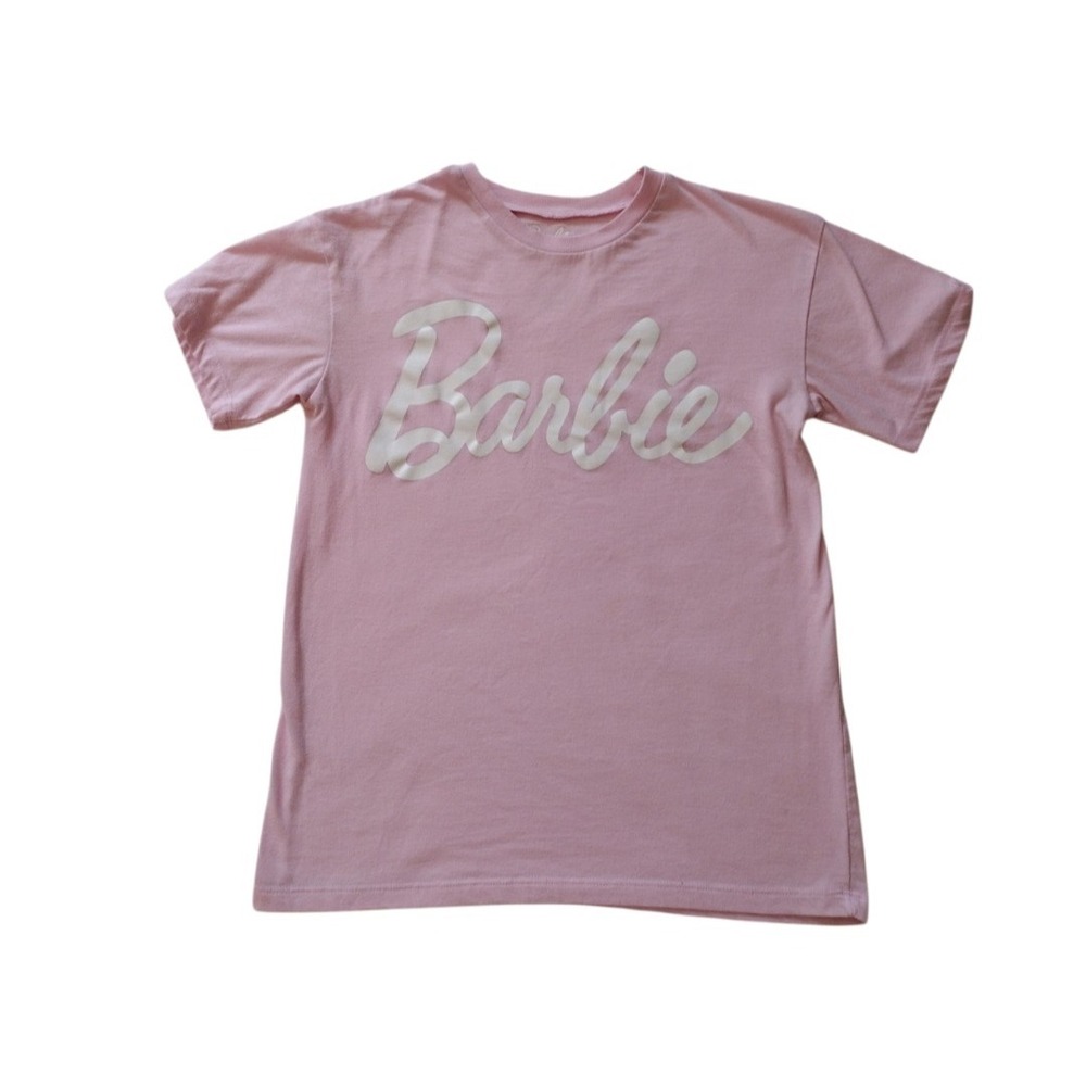 Barbie T Shirt Woman XS Pink White Logo Shirt Sleeves Crew Neck Juniors